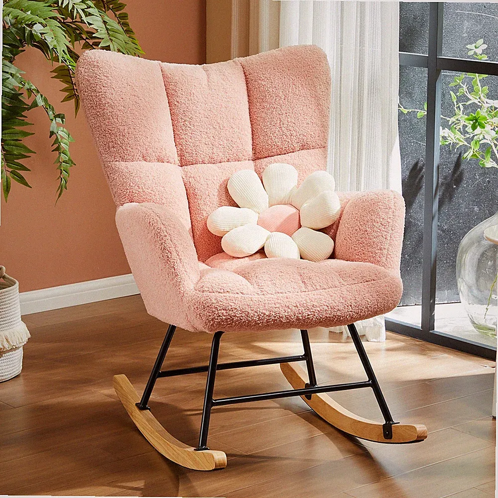 Comfy Teddy Fabric Rocking Chair,Glider Ergonomic Modern Accent Reading Recliner