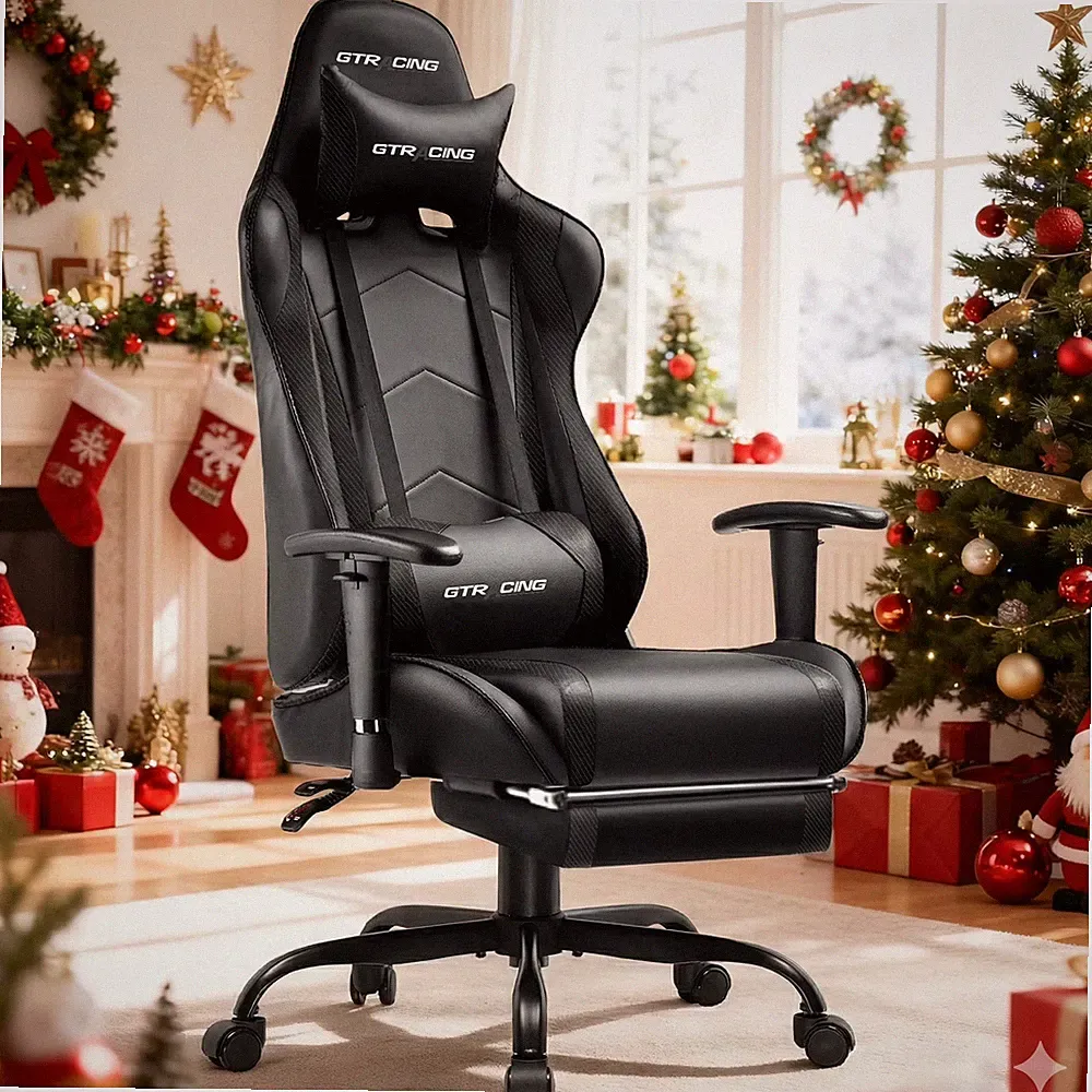 GTRACING Gaming Chair PU Leather with Footrest & Adjustable Headrest, Black
